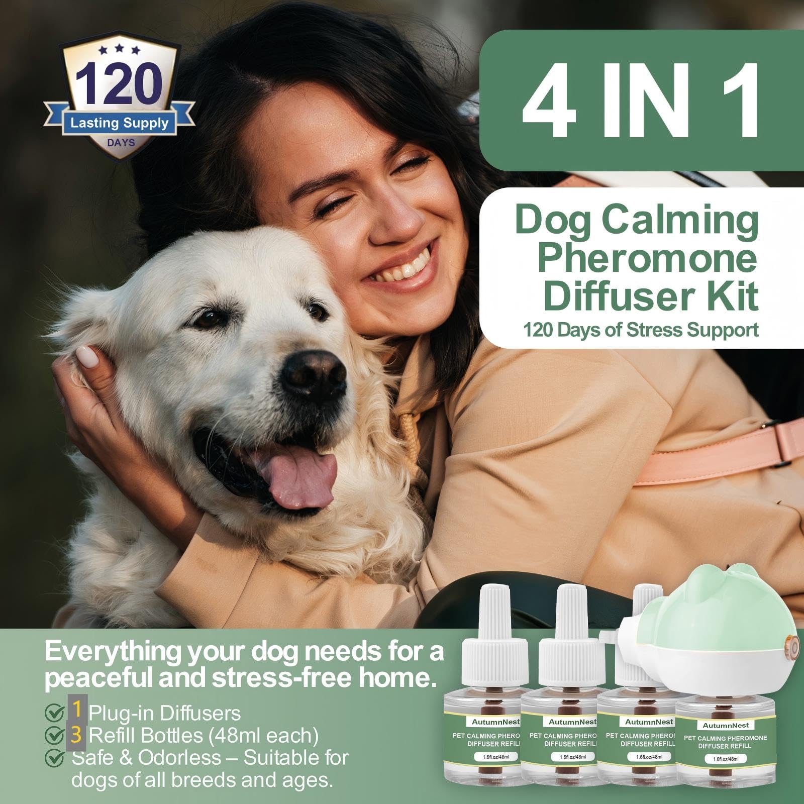 AutumnNest 3-refill kit highlighting long-lasting pheromone diffusion for pets.