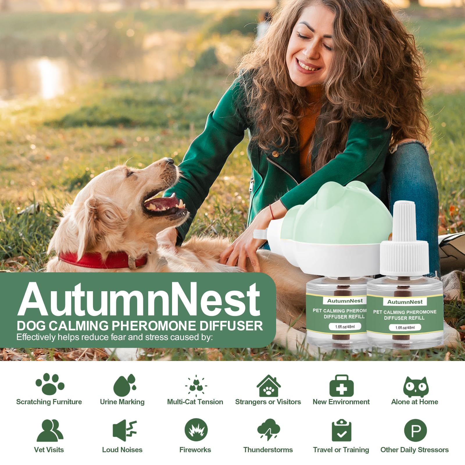 AutumnNest diffuser helps during travel, vet visits, or fireworks with calm ambiance.