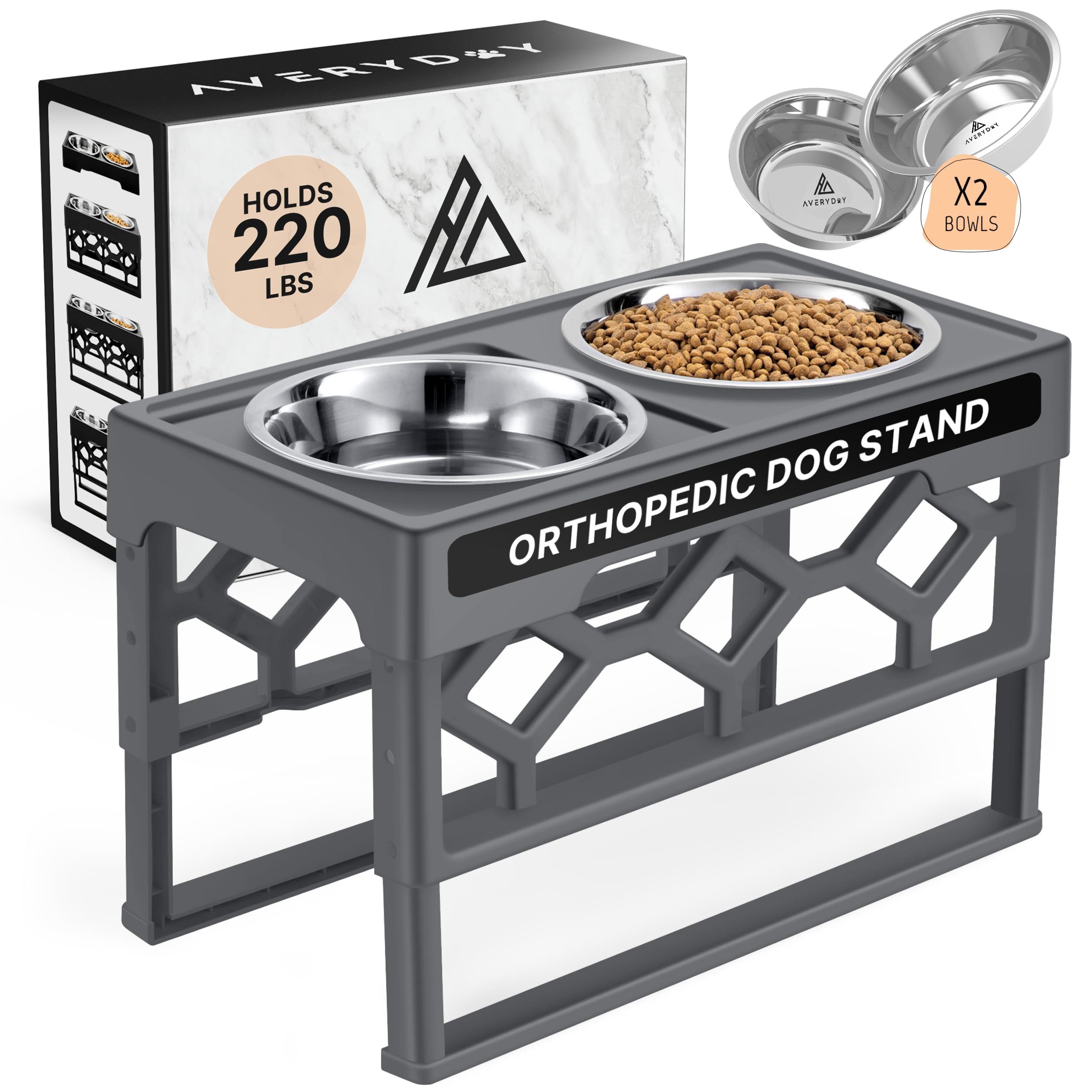 AVERYDAY elevated dog bowl stand at four heights supports ergonomic feeding for large breeds.