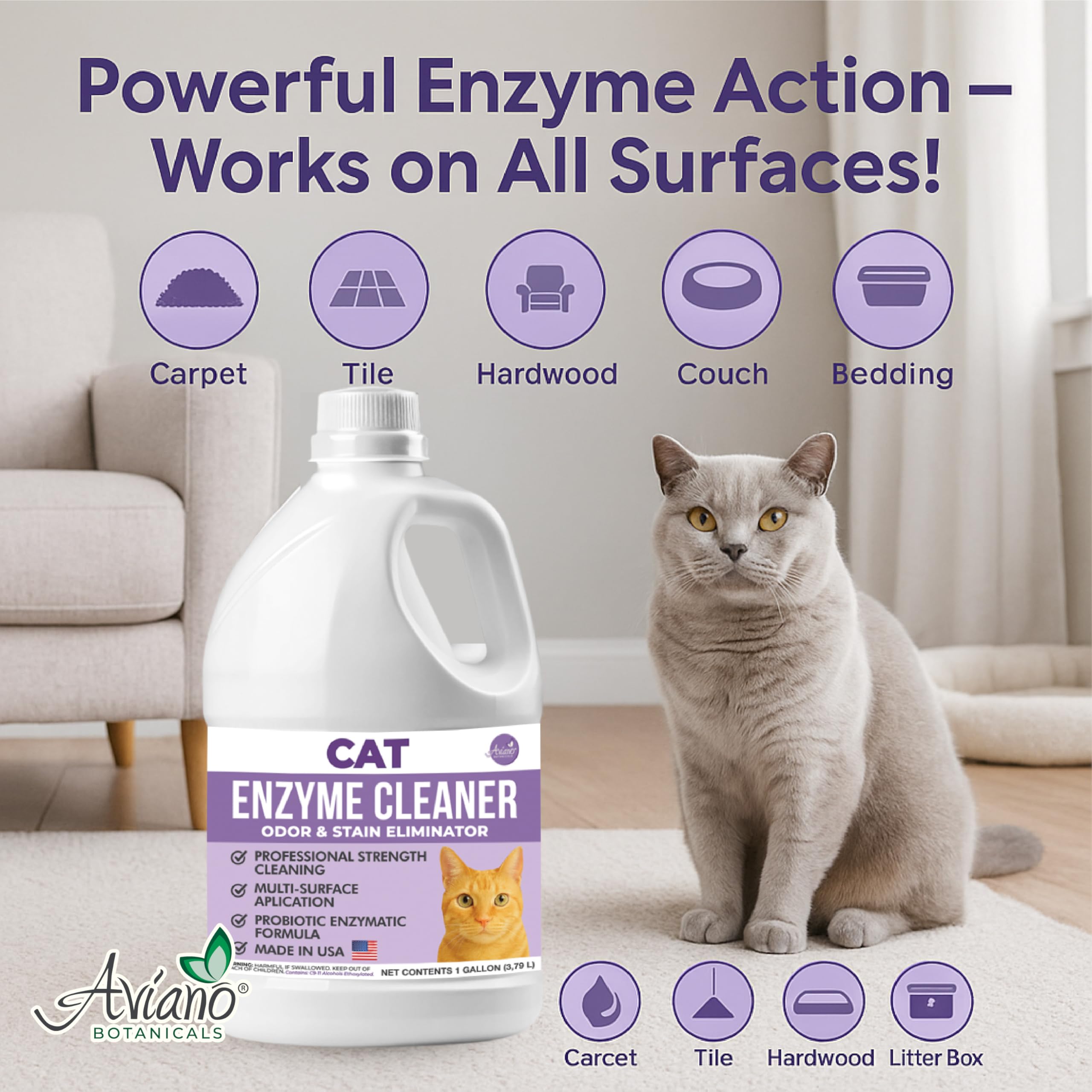 Aviano Cat Enzyme Cleaner lemon-scent spray brightens rooms after carpet accidents.
