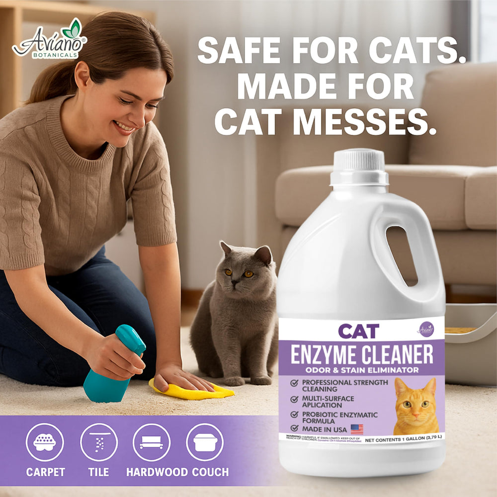 Aviano Cat Enzyme Cleaner targets litter-box areas for quick surface sanitizing.