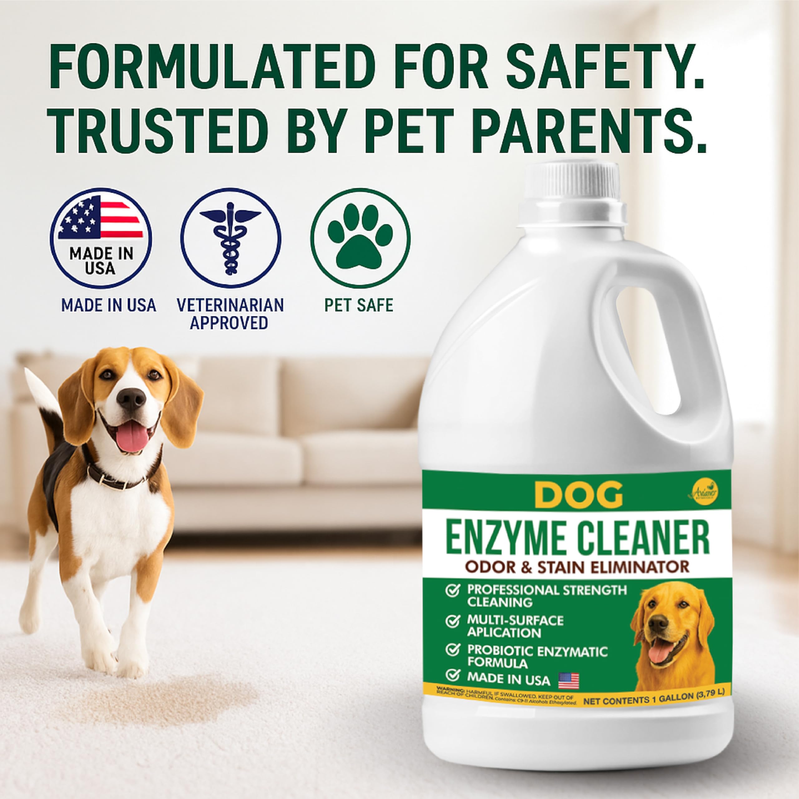 Aviano Enzyme Cleaner for carpet stains removes messes and leaves a light citrus scent.