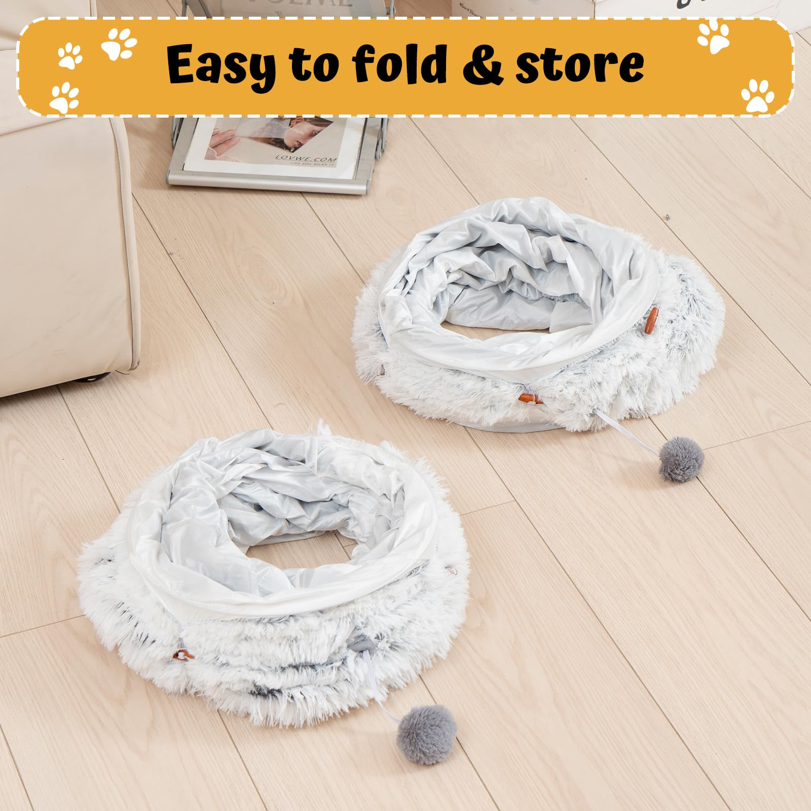Avont cat tunnel bed sewn-in toy ball at entrance fuels playful enrichment