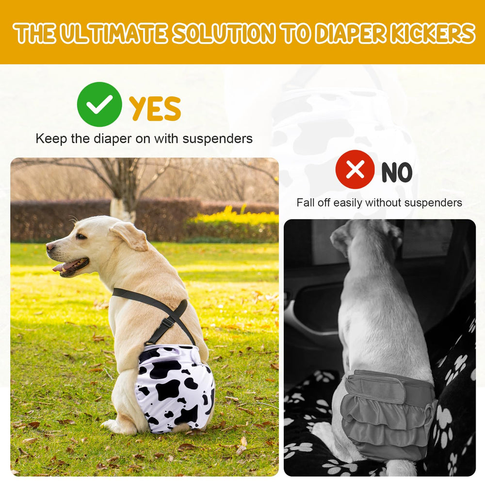 Avont diaper suspender clip fastener highlights easy adjustment for tailless or active dogs.