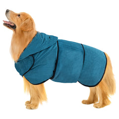 Avont dog bathrobe blue hooded on dog for quick drying after bath.