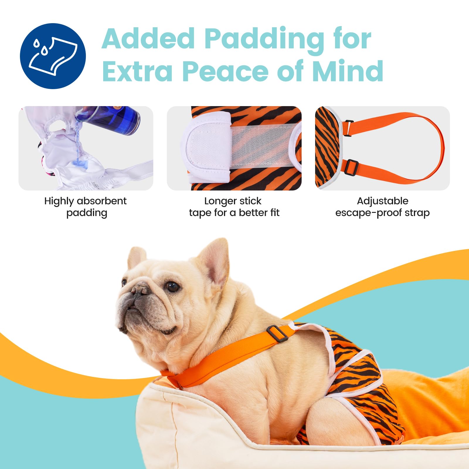 Avont Frenchie dog diaper leopard pattern provides full coverage for tailless breeds.