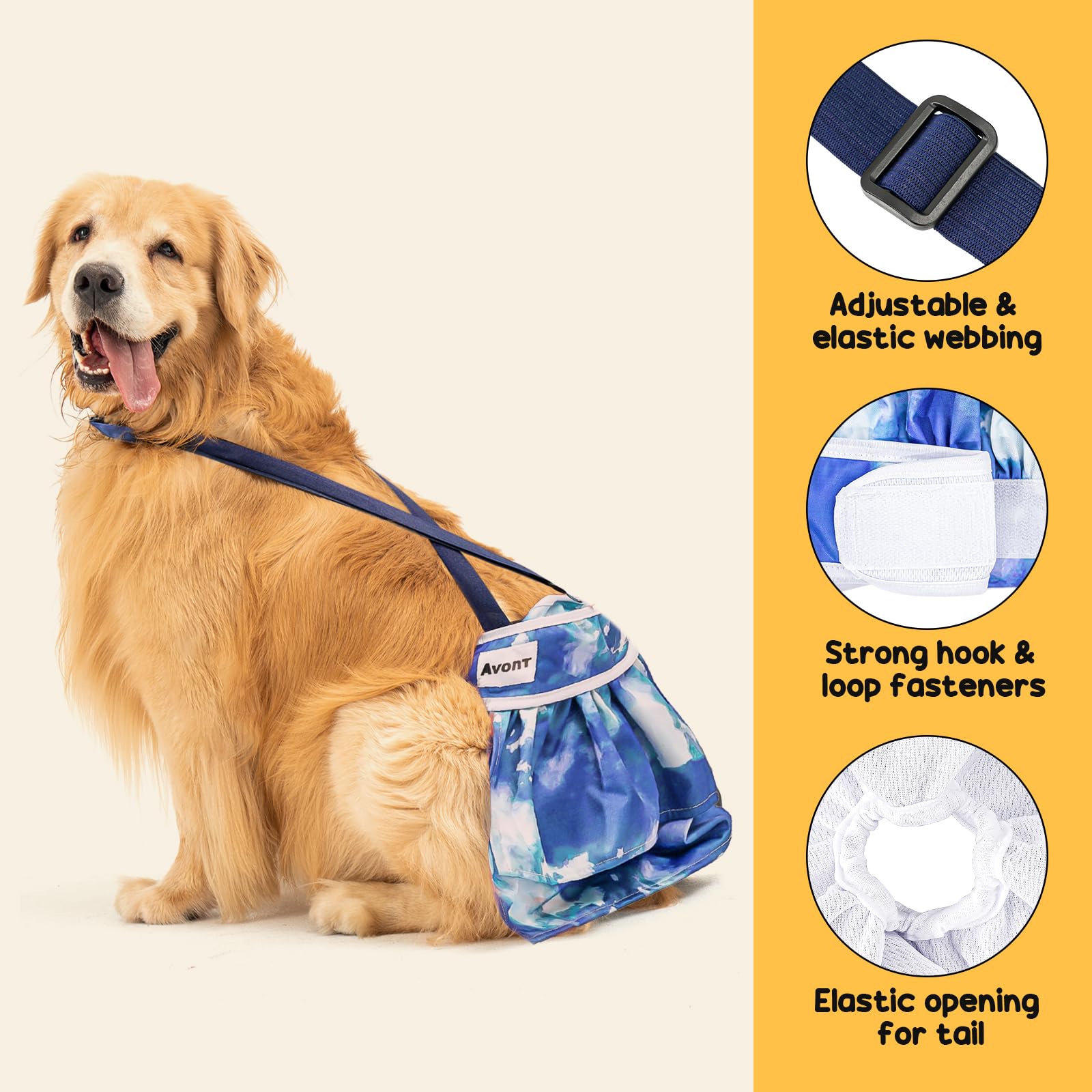 Avont in-heat design diaper supports female dogs during heat cycles.