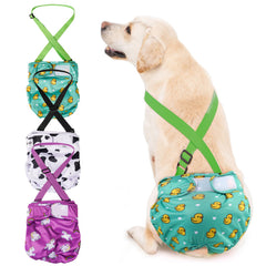 Avont washable female dog diaper close-up shows adjustable strap for secure fit during activity.