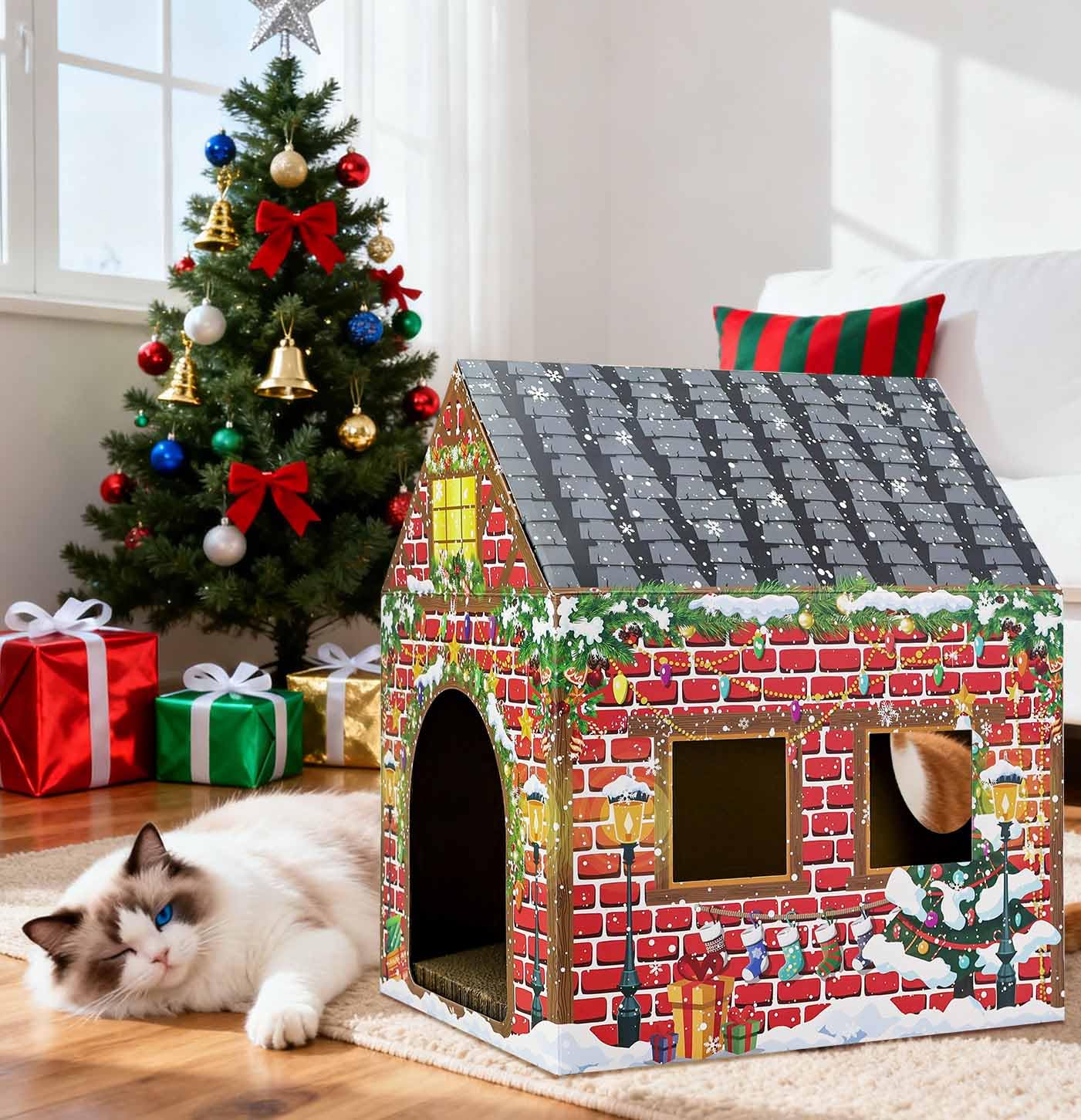 AVXINSOK Christmas cat house in room shows versatile indoor placement