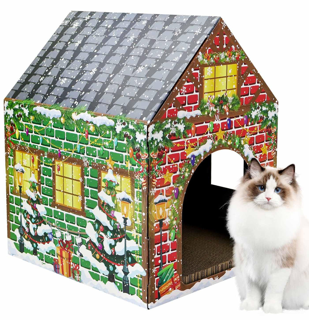 AVXINSOK Christmas cat house side view shows durable cardboard for long-lasting play