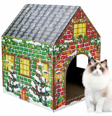 AVXINSOK Christmas cat house side view shows durable cardboard for long-lasting play