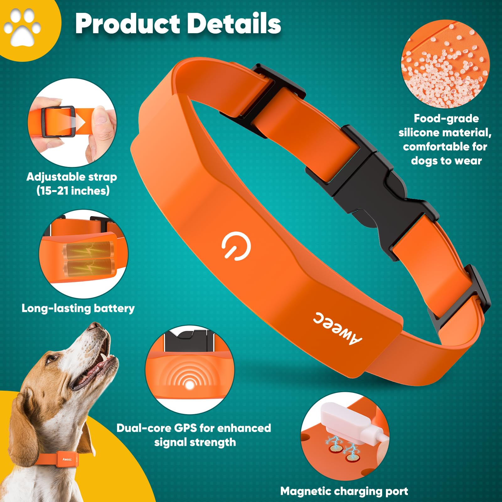 Aweec collar closeup with rechargeable battery for all-day use