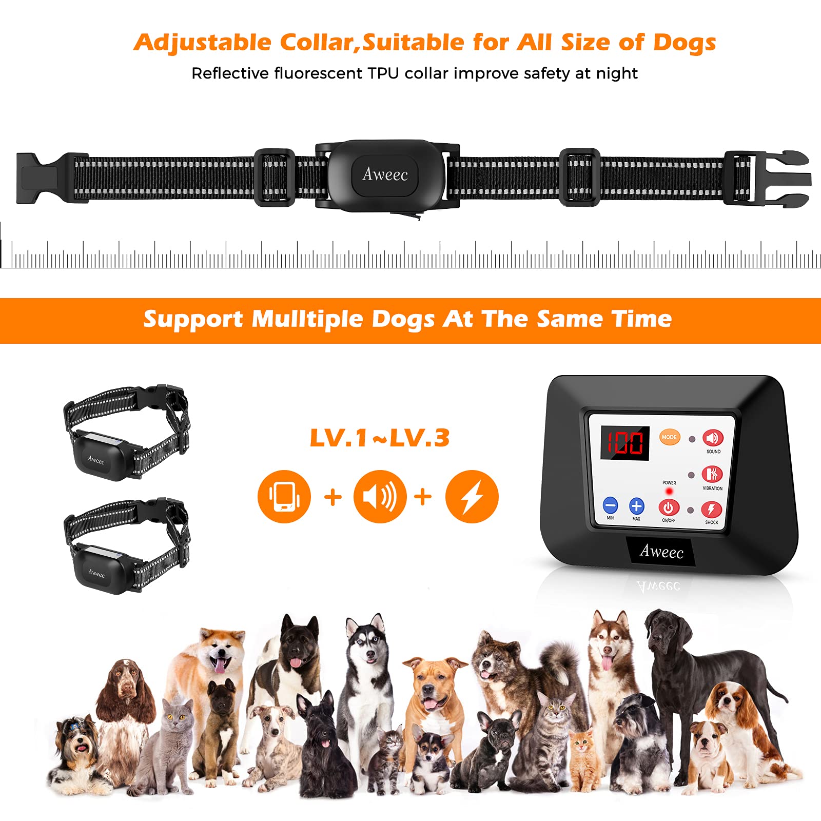 Aweec reflective TPU receiver collar at night enhances visibility.