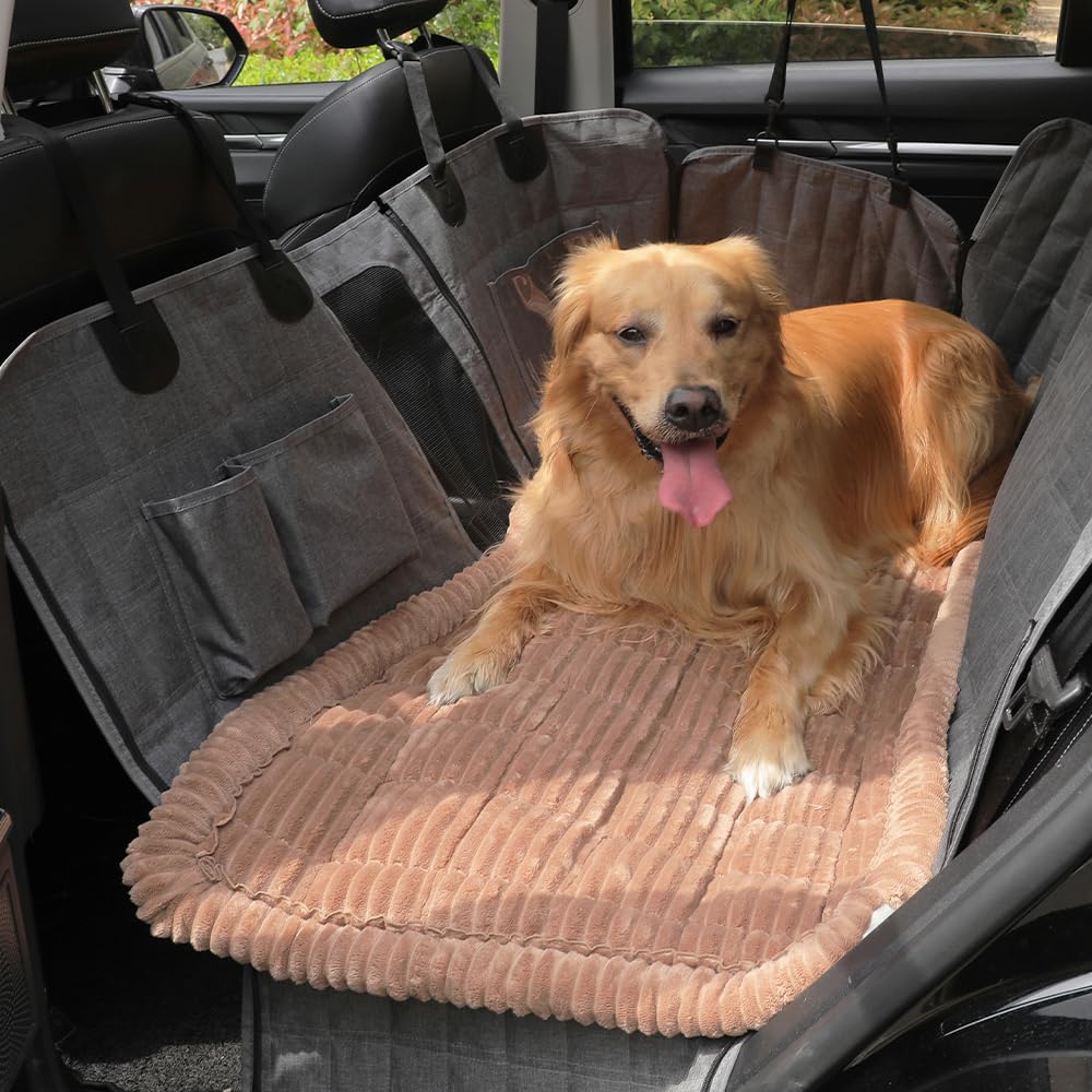 Awjcsv dog car seat cover in coffee protects backseat during trips.