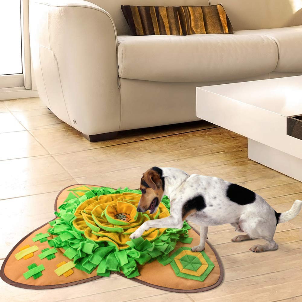 AWOOF snuffle mat measures 28 by 28 inches for most small to medium dogs.