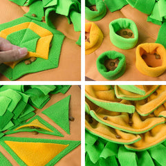 AWOOF snuffle mat includes bells and paper under petals for extra engagement.