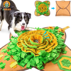AWOOF snuffle mat centerpiece highlights big orange flower to spark foraging exploration.