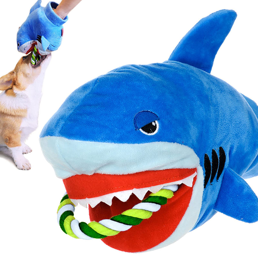 AWOOF squeaky plush dog toy shark head rope for tug-of-war fun