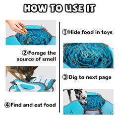 AWOOOF Snuffle Mat fold-into-bowl shows dual-use design for meal-time or playtime.