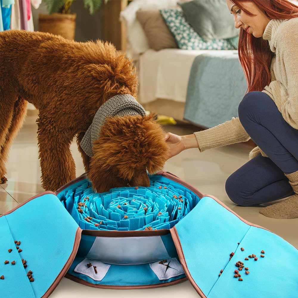 AWOOOF Snuffle Mat indoor-outdoor-use-blue demonstrates versatile enrichment at home.