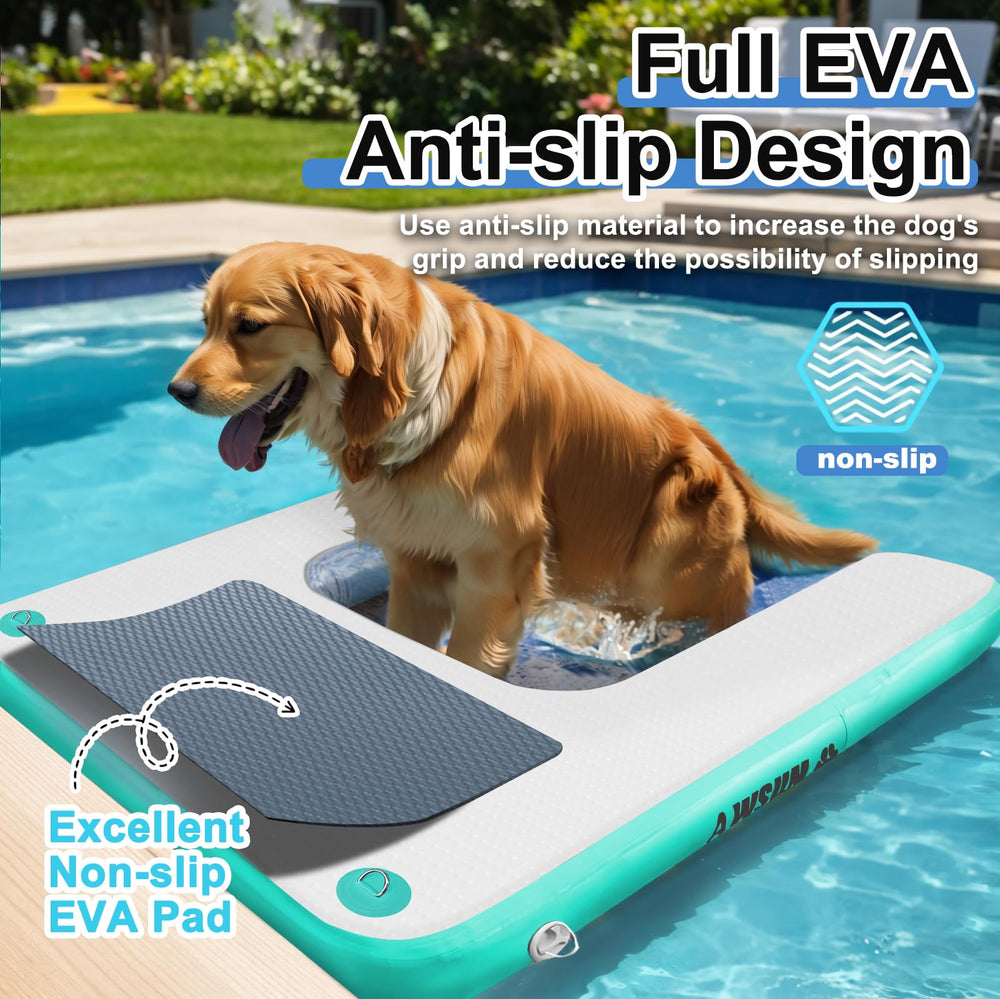 AWSUM XL inflatable dog water ramp safety ropes and d-rings aid secure setup.