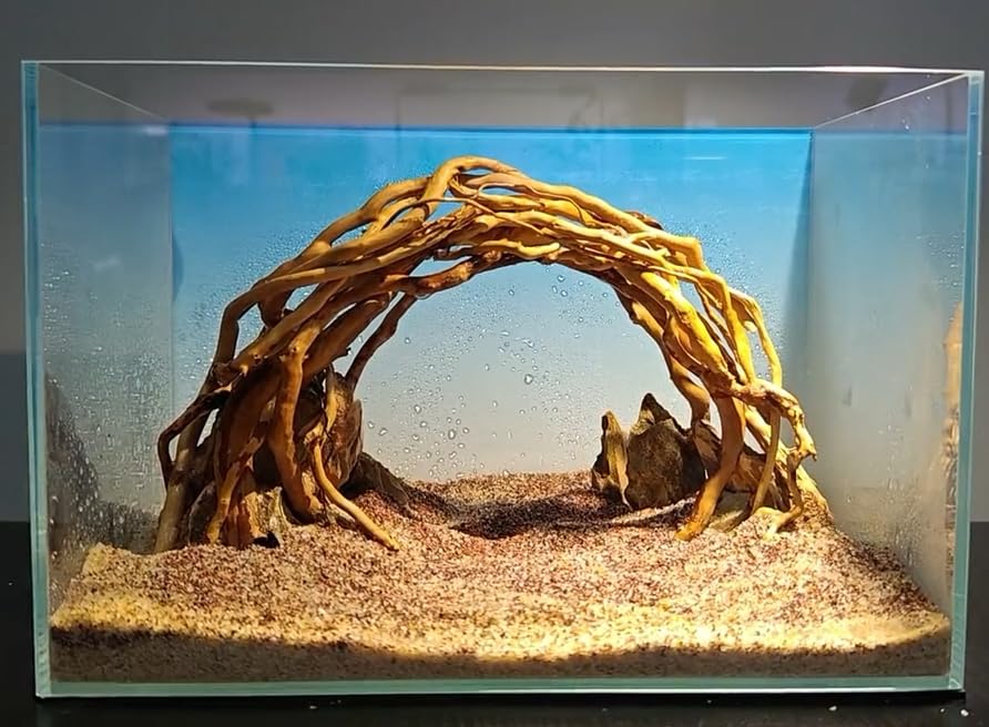 AWXZOM driftwood centerpiece side-view showcases dimensional landscape for underwater scenes.