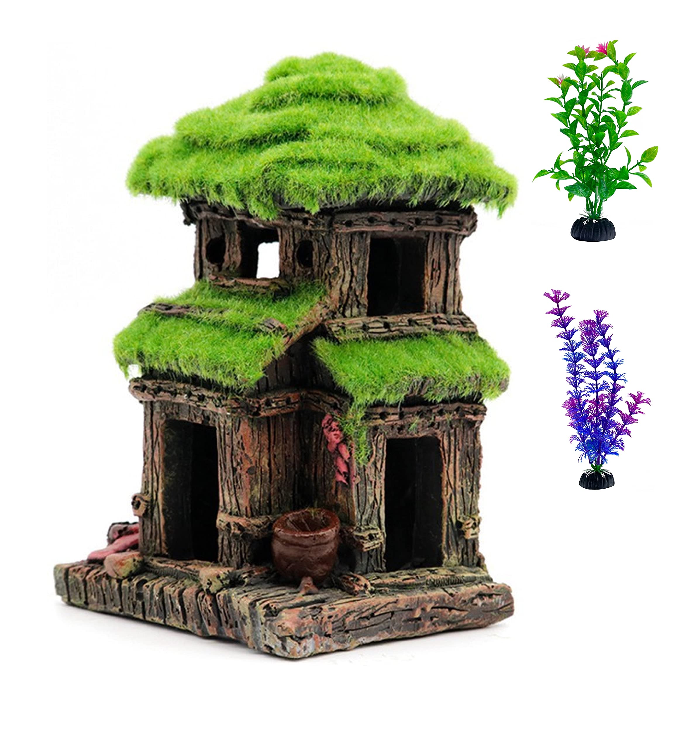AWXZOM Fish House front view shows a lifelike moss hut with a two-storey shelter for fish.