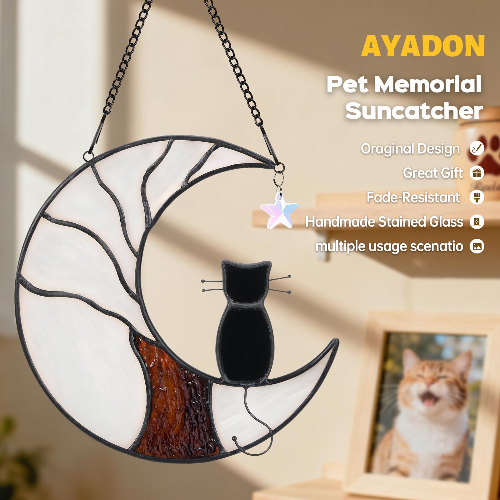 Ayadon cat memorial suncatcher window display emphasizing hanging art