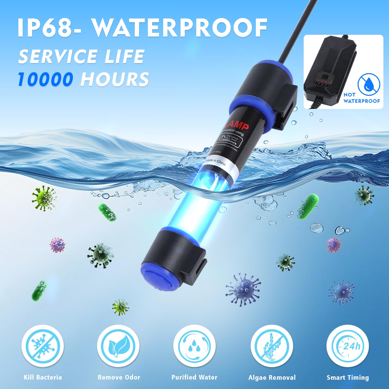 Ayamaxon UV-C aquarium clean light 11W timer four modes displayed