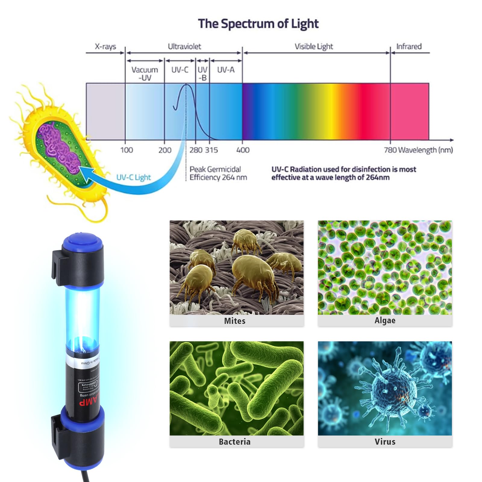 Ayamaxon UV-C light side view highlights discreet installation in a sump or filter box.