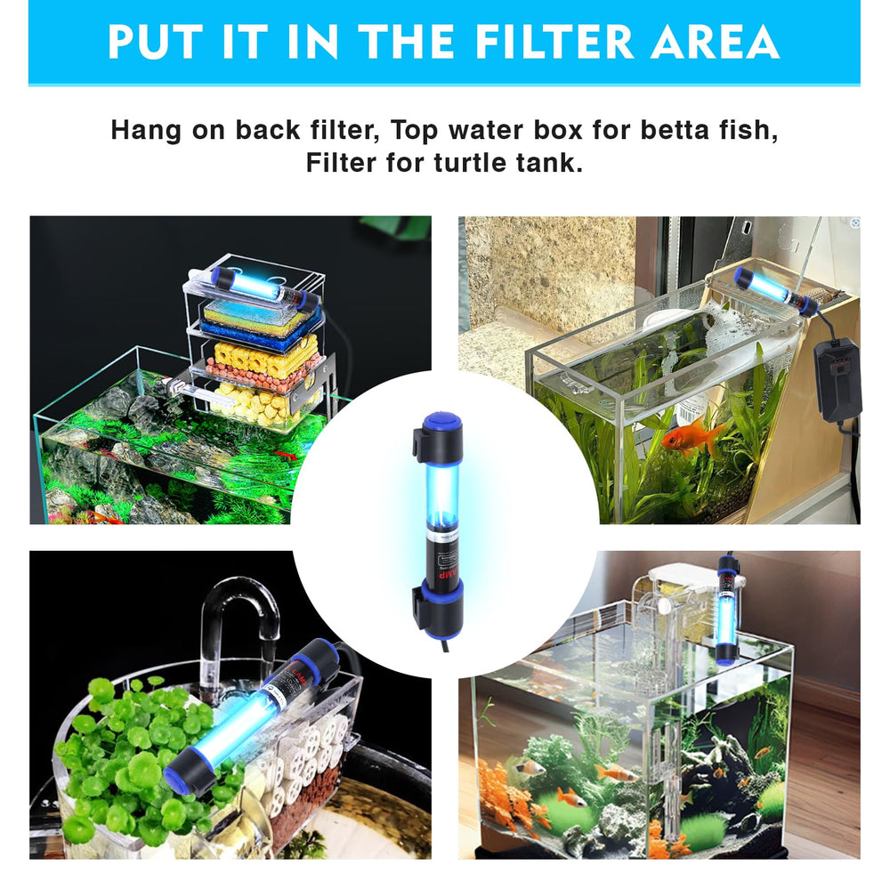 Ayamaxon UV-C light helps visualize improved water clarity in aquariums.