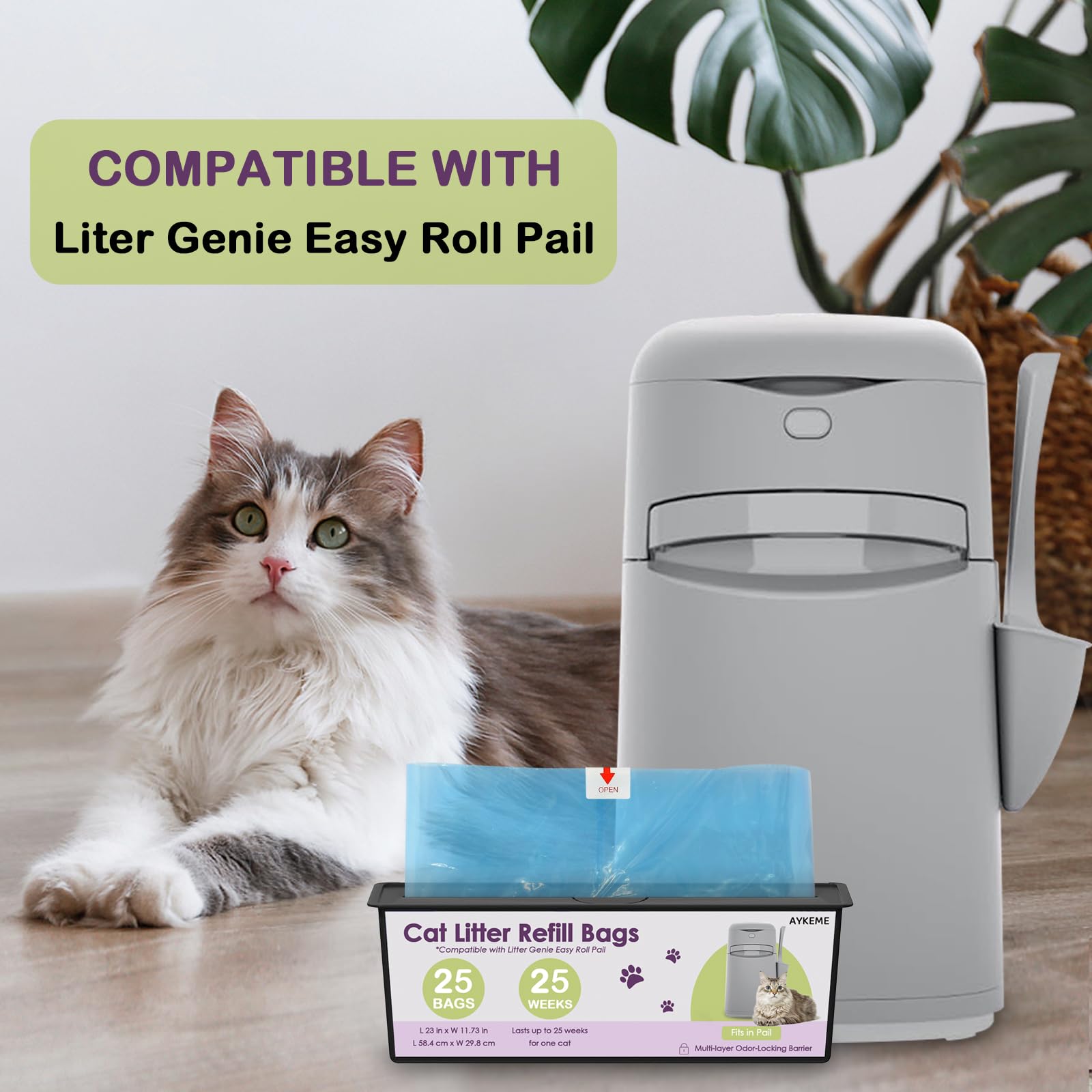 AYKEME odor-lock design emphasizes strong litter odor containment for cleaner spaces.