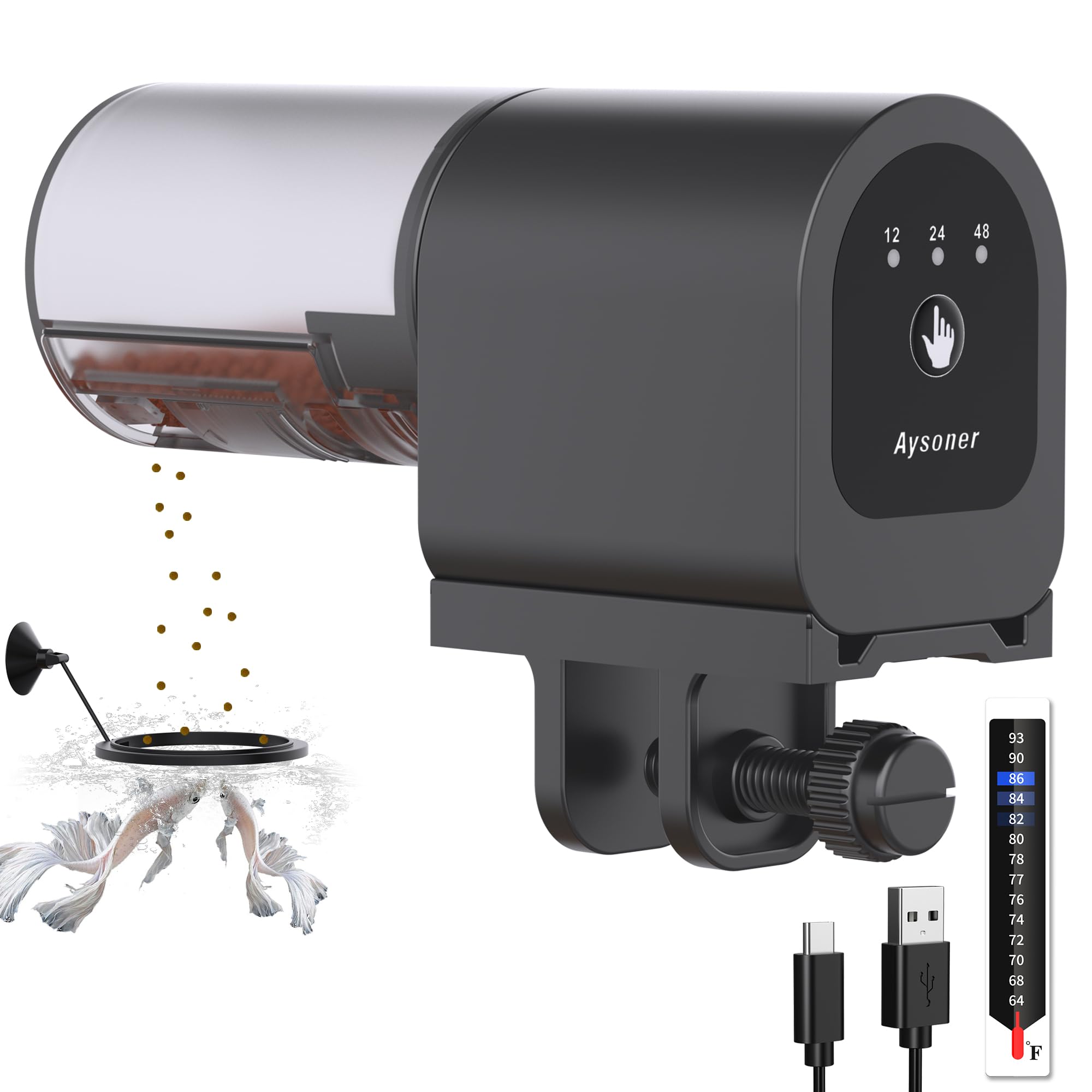 Aysoner alimentador automático para acuario mostrando diseño compacto y entrega precisa