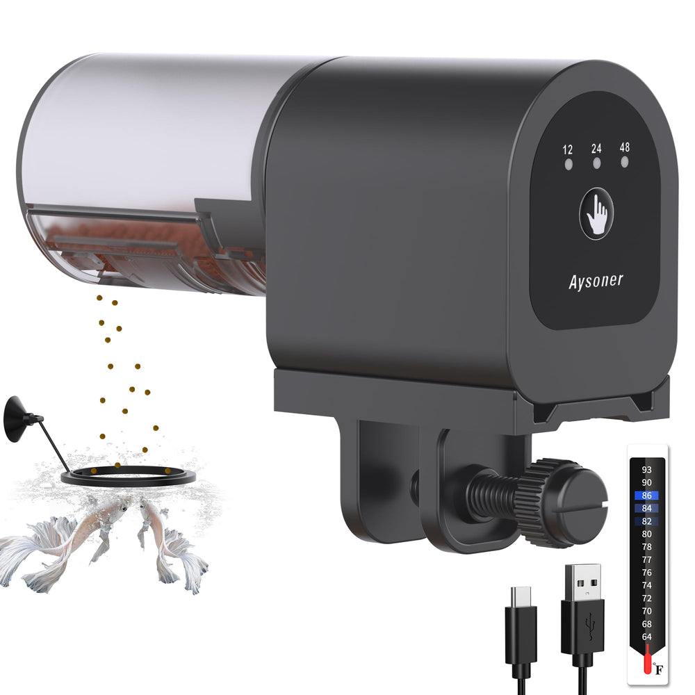 Aysoner alimentador automático para acuario mostrando diseño compacto y entrega precisa