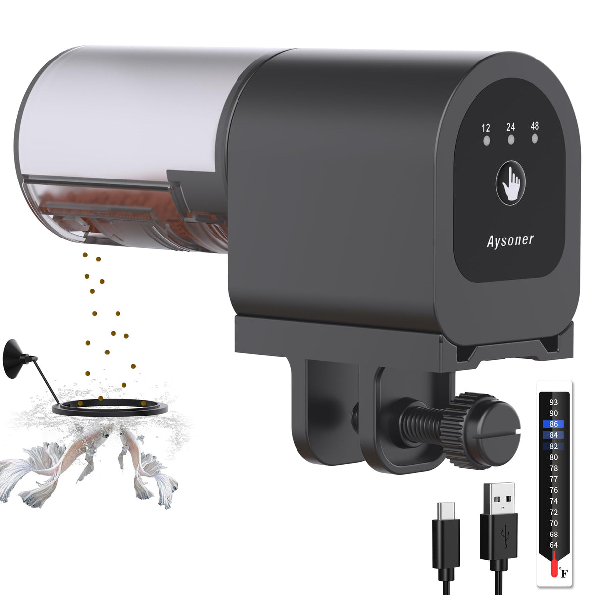Aysoner alimentador automático para acuario mostrando diseño compacto y entrega precisa