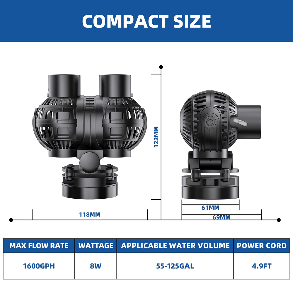 Aysoner Wave Maker Pump flow adjustment showcases nearly 180° vertical and 360° horizontal rotation.