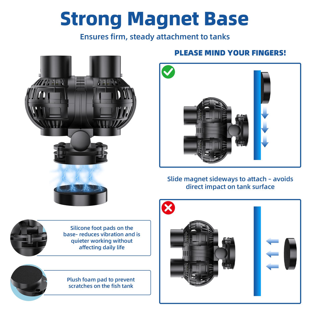 Aysoner Wave Maker Pump noise-silenced feet illustrate quiet tank operation.