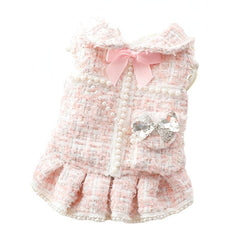AZA dog princess dress small pink front view showcases chic tweed styling for festive small-dog outfits.