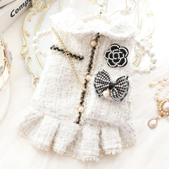 AZA dog princess dress white fabric closeup reveals textured tweed.