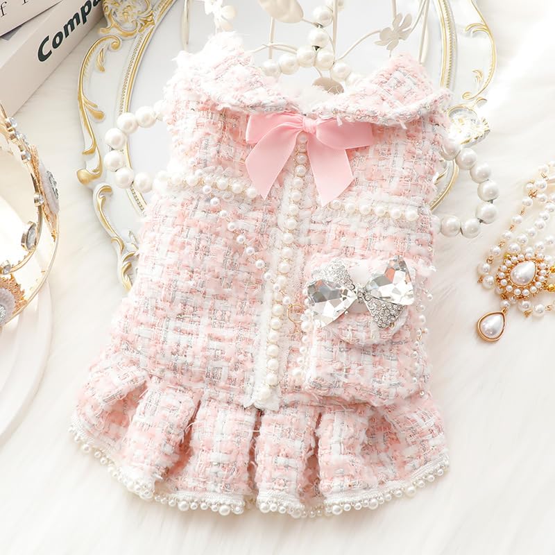 AZA dog princess dress XL pink back view showcases refined tweed texture and charming silhouette for stylish photos.