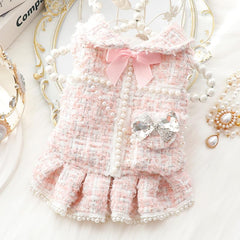 AZA dog princess dress XL pink back view showcases refined tweed texture and charming silhouette for stylish photos.