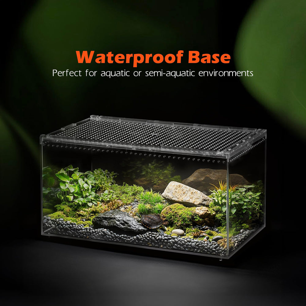 AZV habitat-setup shows efficient use with bowls, hides, and humidity gear.