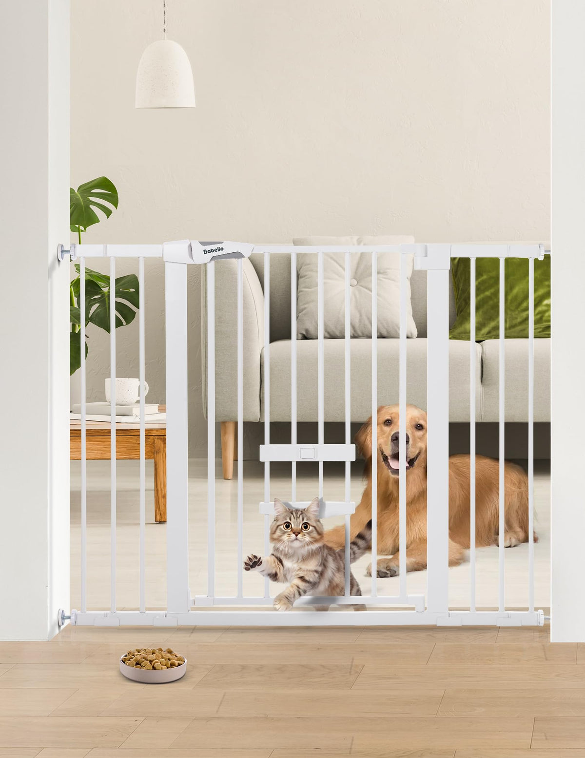 BABELIO 36-Inch Extra Tall Baby Gate framed in white steel provides secure doorway for toddlers and pets.
