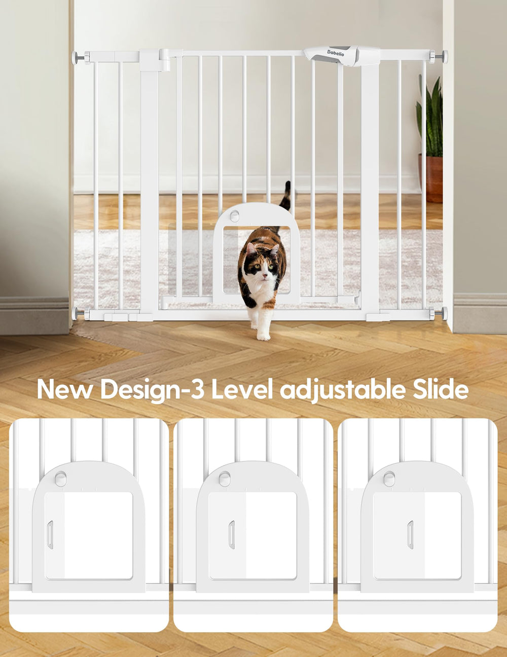 BABELIO baby gate wide opening adjustable highlights flexible fit for stairs and doorways.