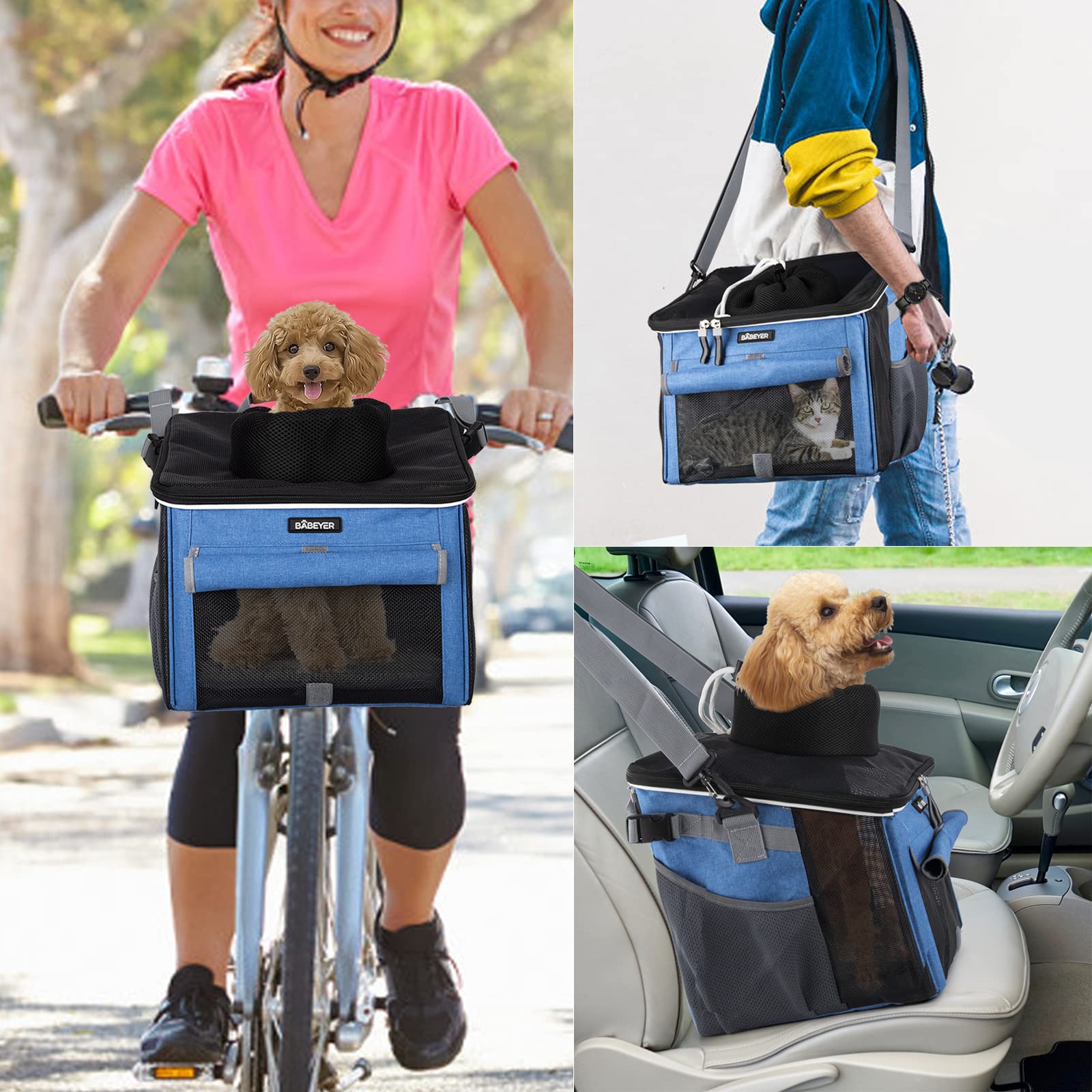 BABEYER dog bike basket blue back pocket stores accessories.