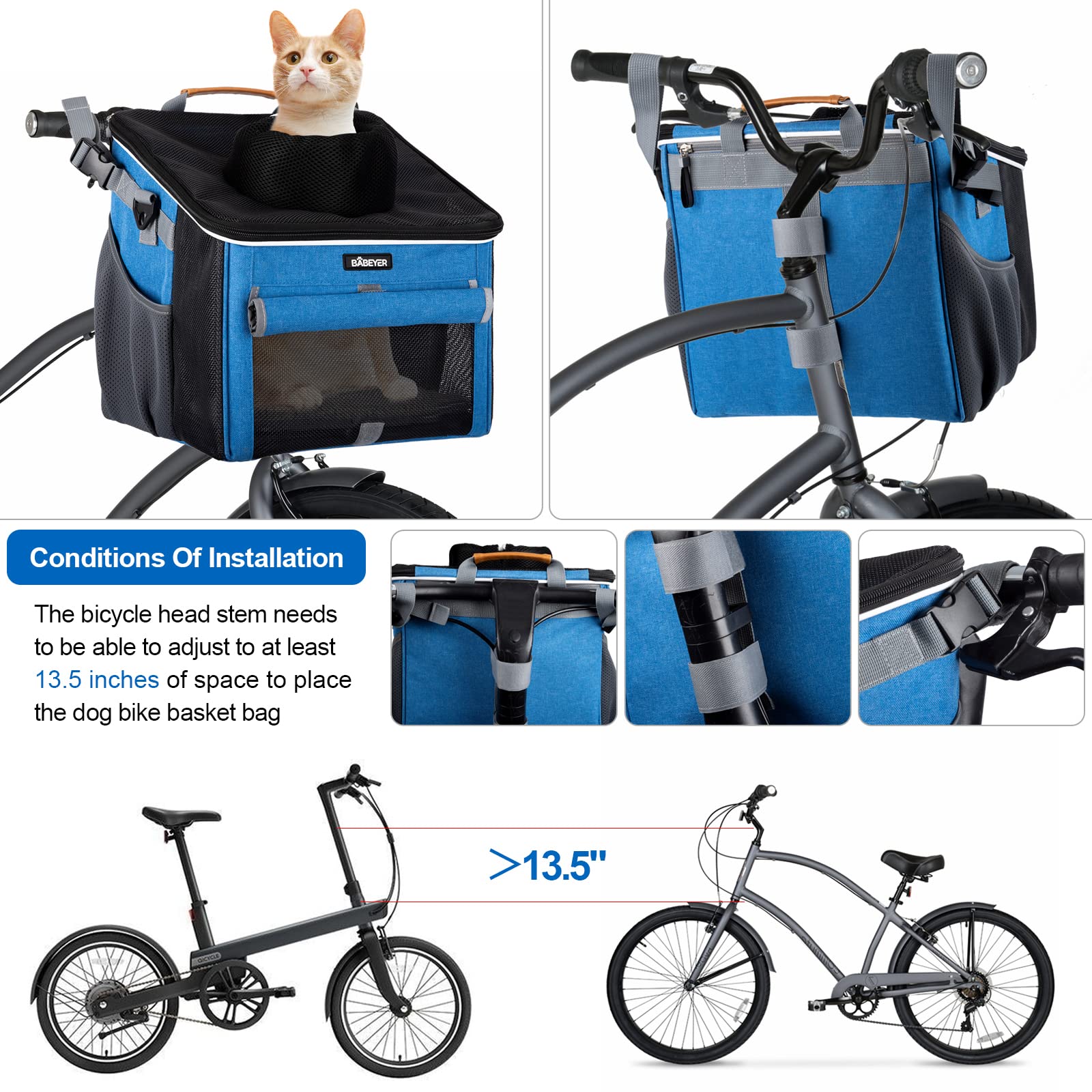 BABEYER dog bike basket blue drawstring opening provides ventilation.