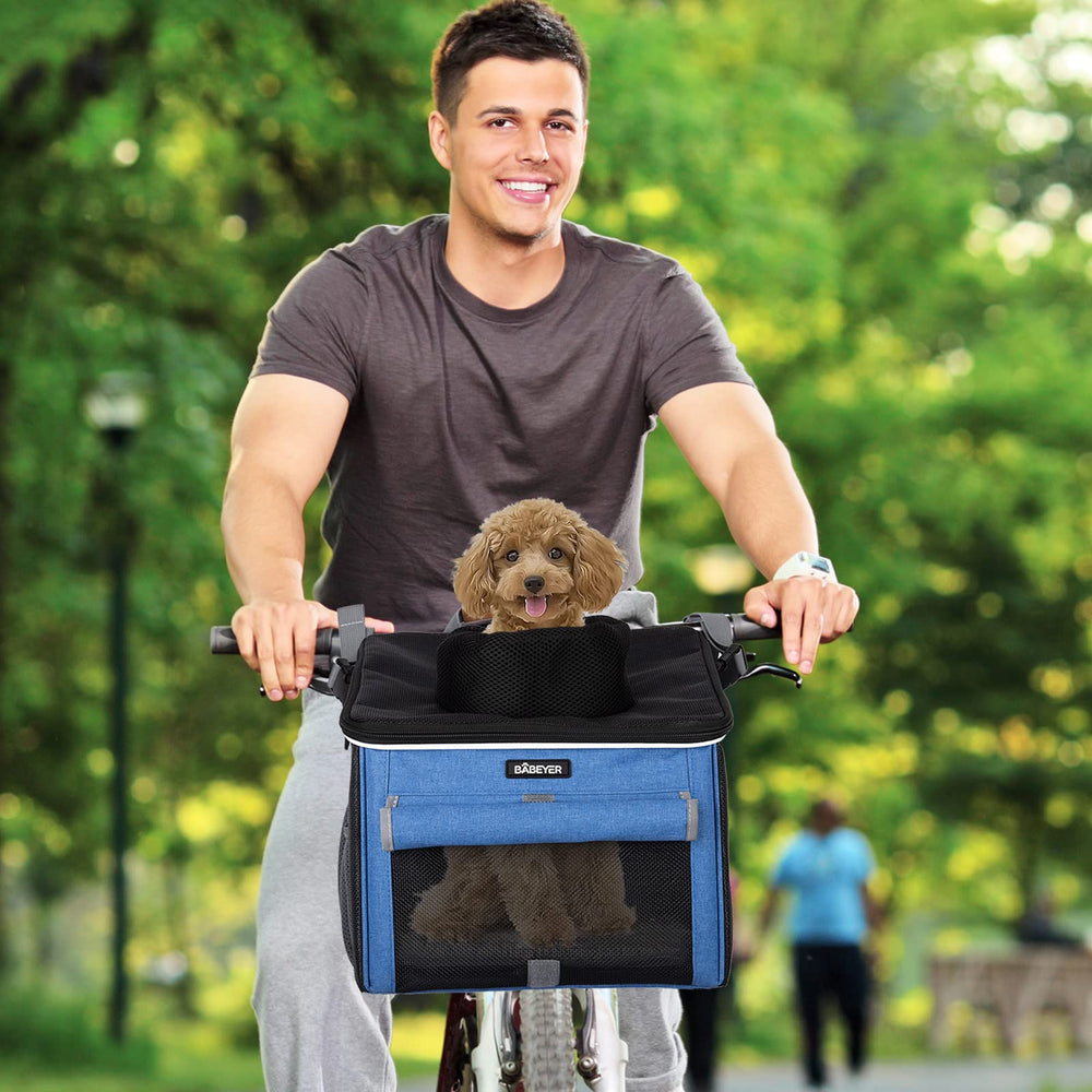 BABEYER dog bike basket blue folded for compact storage.