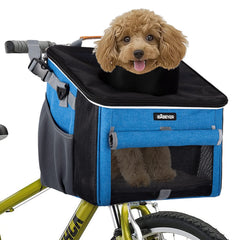 BABEYER dog bike basket blue front view with quick-install buckle for rides.