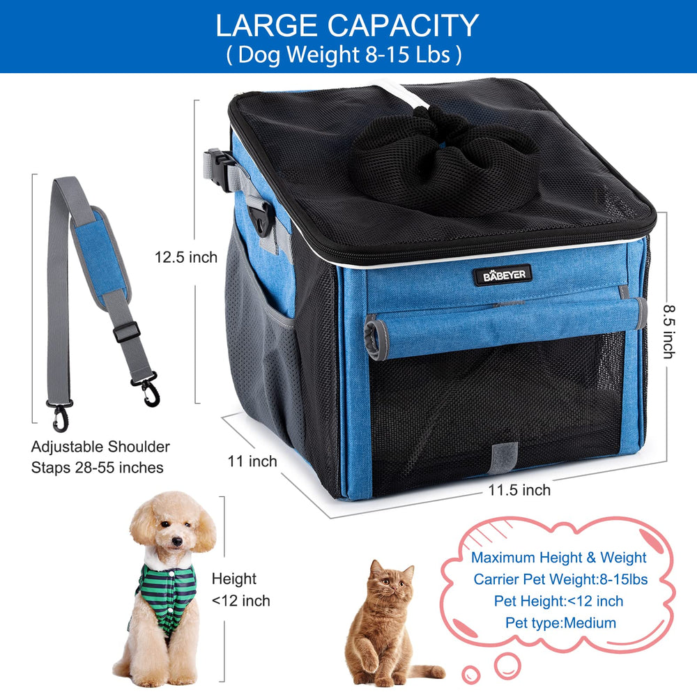 BABEYER dog bike basket blue in-use with harness tether for safety.
