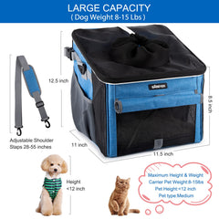BABEYER dog bike basket blue in-use with harness tether for safety.